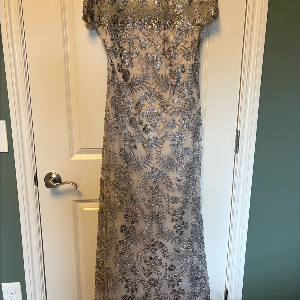 Tadashi Shoji Taupe Maxi Gown with Silver Sequin Embroidery